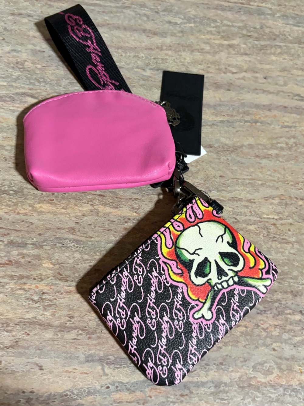 NWT Ed Hardy 2- Pink Skull Wristlet and Pink Coin Pouch Set